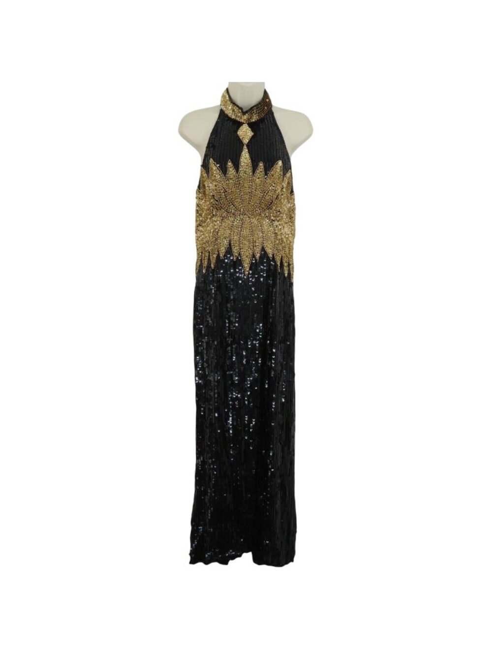 VTG Nikhil Women Large Silk Black Gold Sequin Beaded High Neck Dress Gown NEW